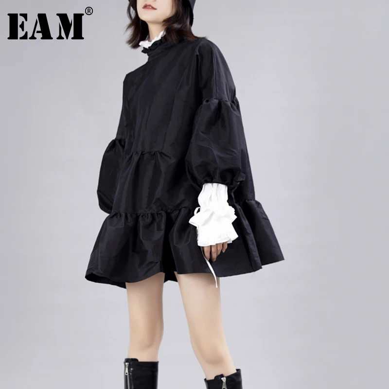 [EAM] женское платье новинка с воротником стойкой длинным рукавом фонариком