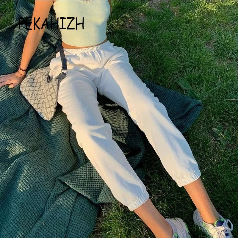 

Женские однотонные свободные длинные брюки, модные облегающие спортивные брюки с карманами и высокой талией, Женский Повседневный шикарны...