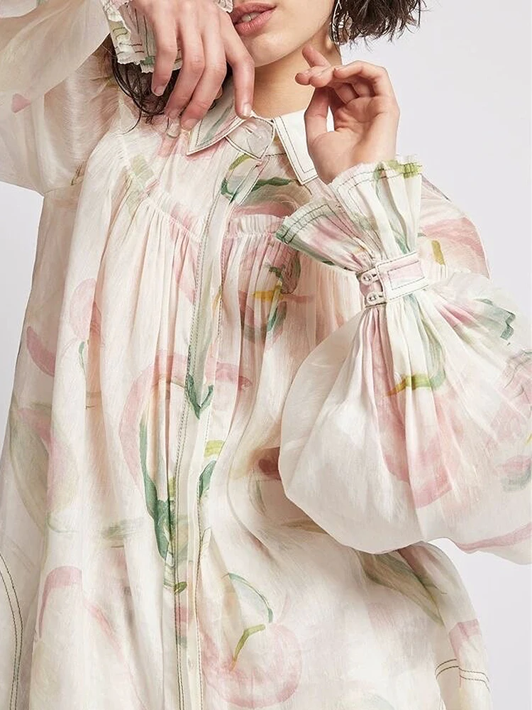 

French Lapel Printed Frilled Loose Irregular Shirt + High Waist A-Line Fluffy Mini Skirt Retro Linen Two-Piece Suit Womens 2021