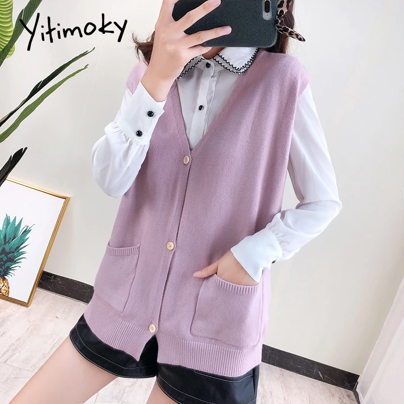 Желтый свитер жилет женский кардиган без рукавов 2019 Модный однобортный