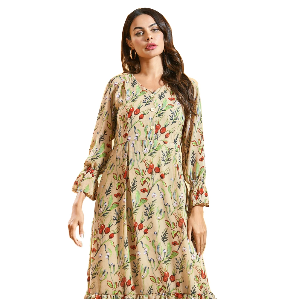 

Dubai Women Muslim Long Sleeve Maxi Dress Floral Print Ruffle Casual Loose Prayer Ramadan Vintage Islamic Ladies Clothing New