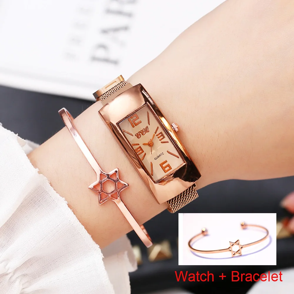 Роскошные часы для женщин из розового золота с магнитной сеткой