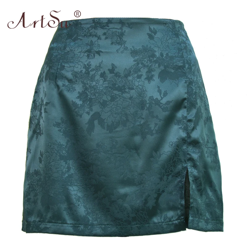 Женская атласная мини-юбка ArtSu черная розовая зеленая юбка с цветочным принтом