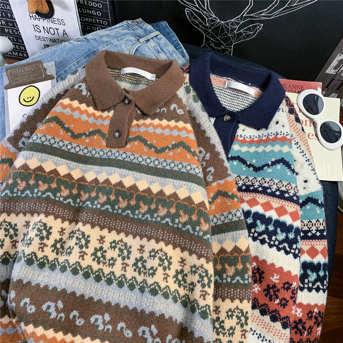 

Sweaters Men/Women New Pullovers Fashion Ethnic Printed Knitted Sweaters Lapel Loose Sweaters Couples Sweaters