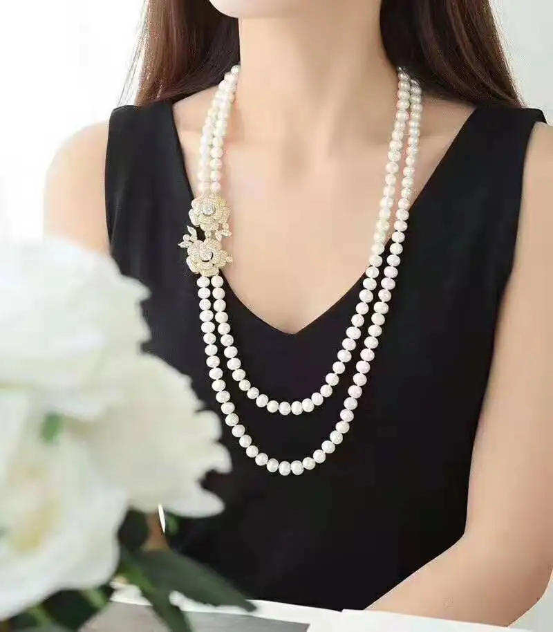 

Women's jewelry 8-9mm 70-80cm micro inlaid zircon flower accessories white freshwater pearl necklace long sweater chain