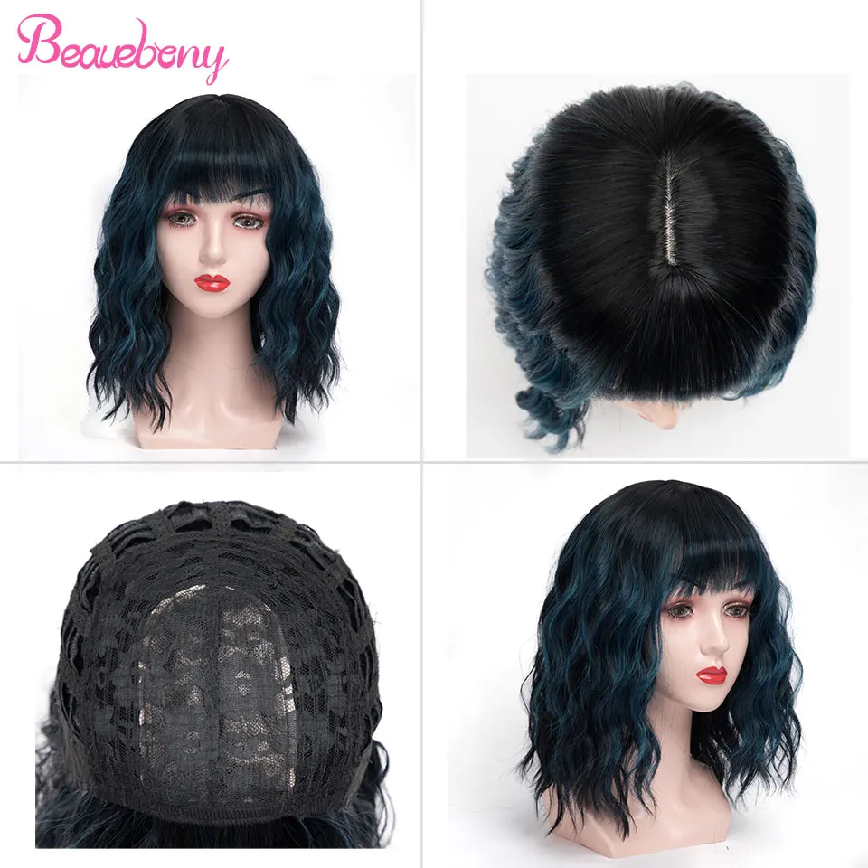 

Beauebony Fake Hair Synthetic Wig Hair Wavy Bob Wig With Bangs Ombre Dark Blue Wig 14inch Kanekalon Short Wigs Natural Hair