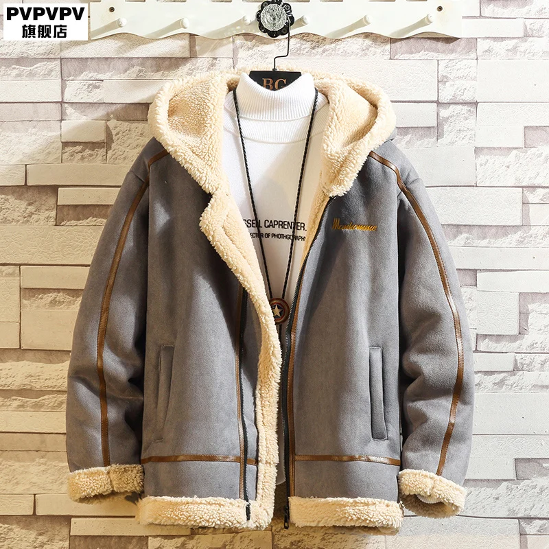 Fur Integrated Hooded Lamb Wool Cotton-Padded Coat Men's Fashion Brand Loose Autumn Winter Coat plus Size Trend Quilted Jacket