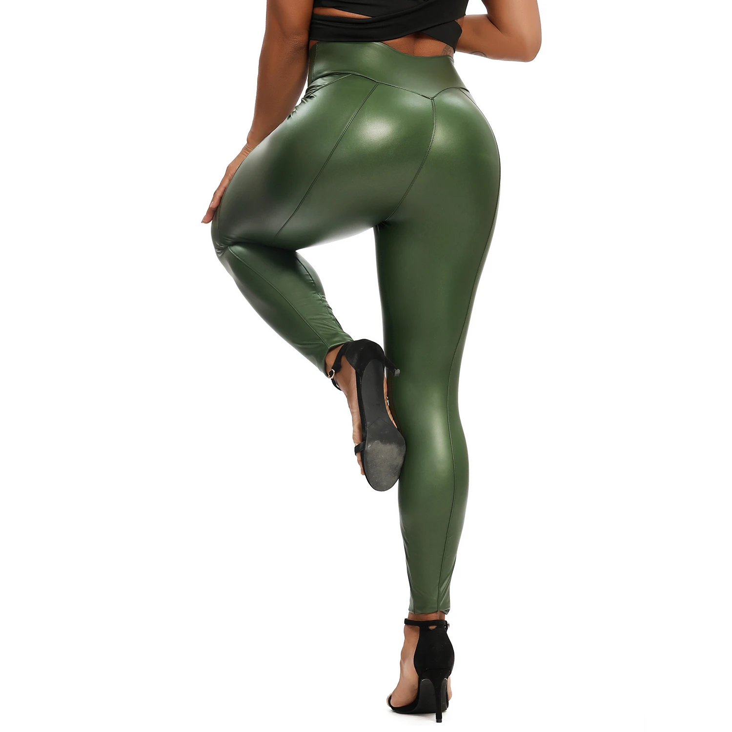 Леггинсы высокая талия молния искусственная кожа штаны для йоги женские тонкие