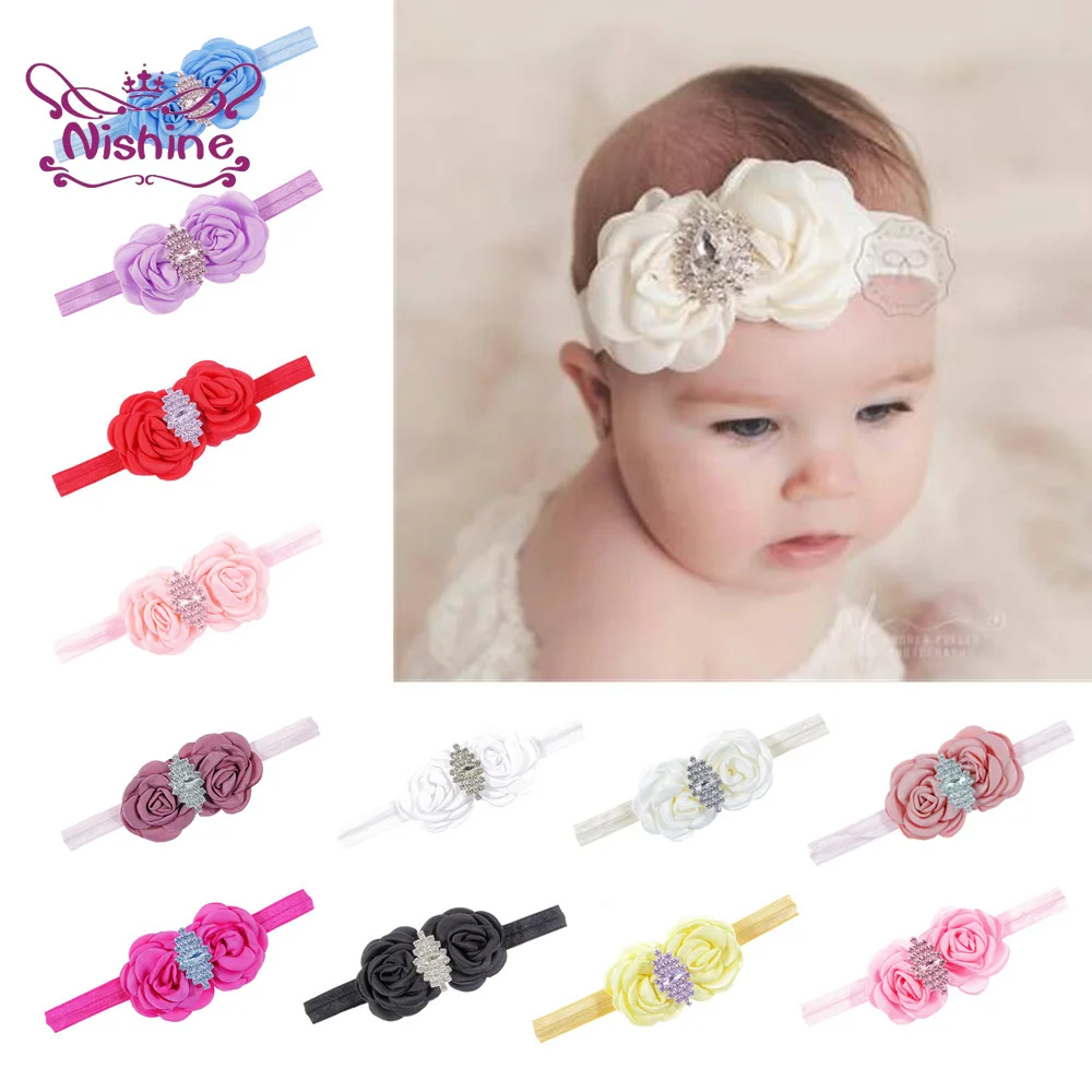 

Two Roast Floral Headband with Rhinestone Baby Girls Elastic Hairband Fashion Children Headwear Hair Accessories Birthday Gifts