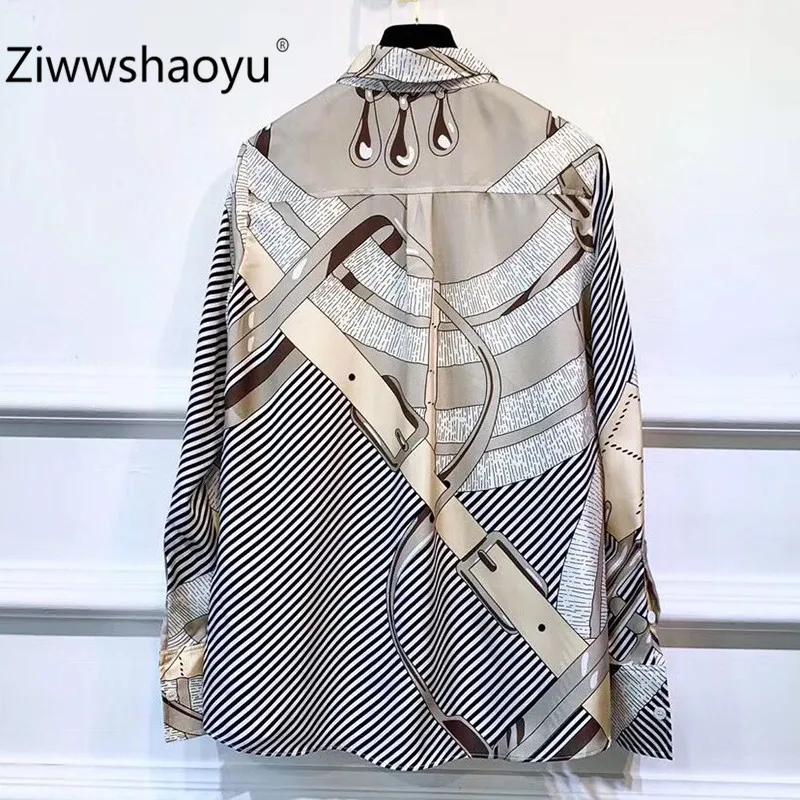 Ziwwshaoyu/ Шелковая винтажная блузка с принтом в виде цепочки, женская блузка с длинным рукавом и бантом, воротник, элегантные офисные женские майки и футболки