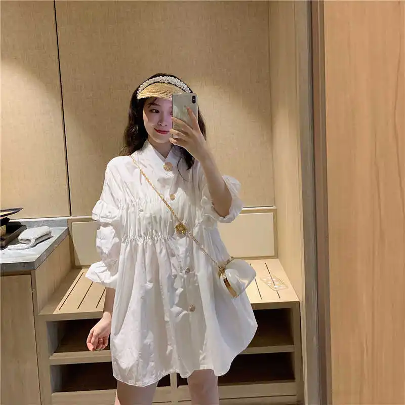 

Spring and Summer New Pleated Design Single-Breasted Wooden Ear Mid-Length Shirt Dress Korean Style Loose Temperament Dress for