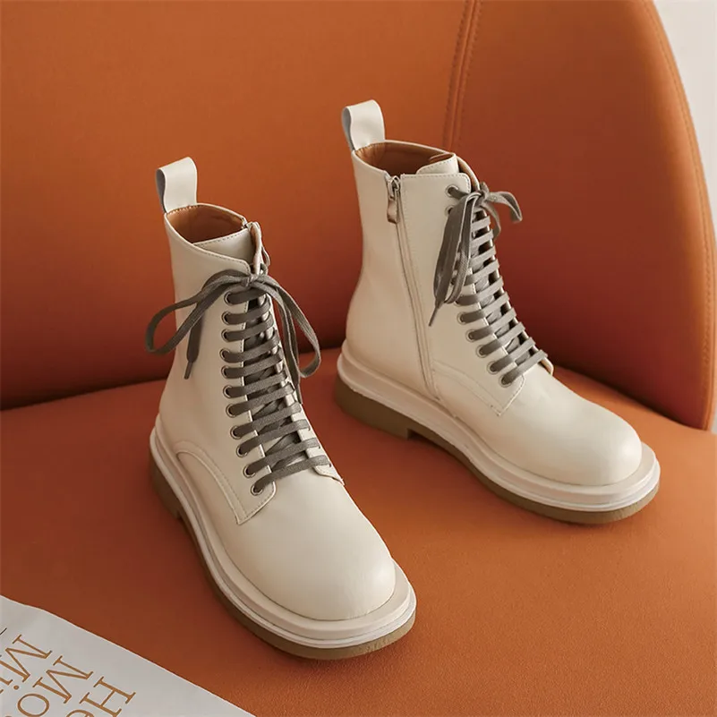 

Meotina Motorcycle Boots Women Shoes Real Leather Platform Flats Ankle Boots Cross Tied Zipper Ladies Short Boots Autumn Winter