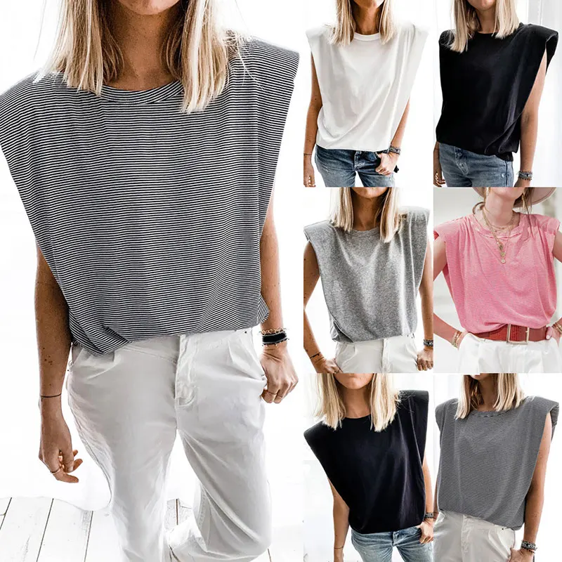 

Hot Women Summer Sleeveless T-shirt Blouse Ladies Shoulder Pads Tee Casual Top MVI-ing