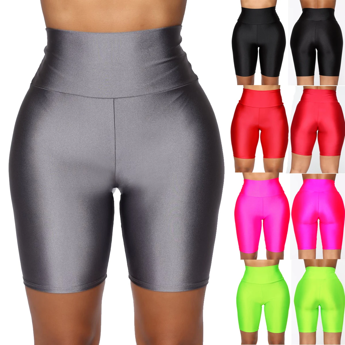 

2021 Women Neon Yoga Shorts High Waist Workout Fitness Hip Training Elastic Spandex Shorts Solid Skinny Running BTM Sportwear
