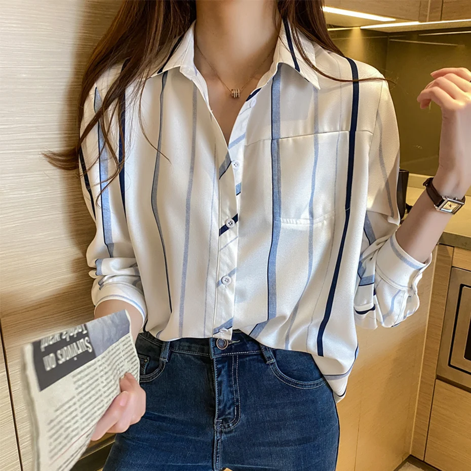 

Vertical Striped Chiffon Blouse Profession Contrast Blue White Long Sleeve Shirts Elegant Single-breasted Button Blusas Mujer