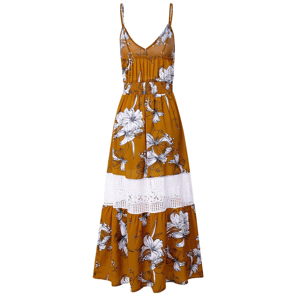 

European new casual print lace dress fashion loose V-neck sleeveless women's suspender vest long skirt