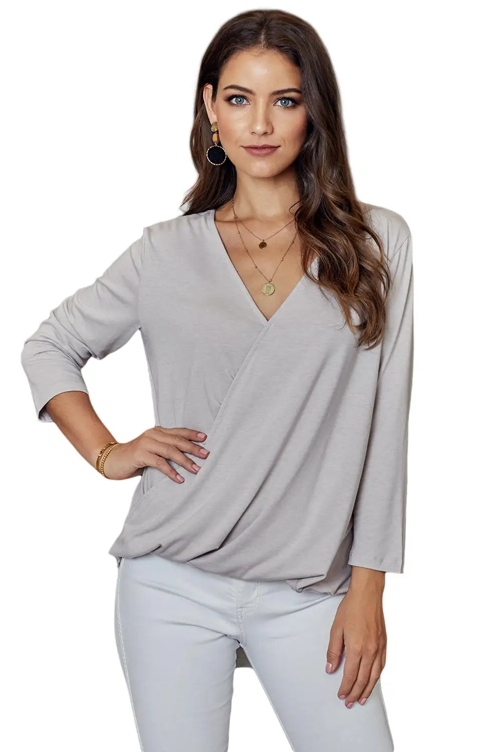 Женская свободная рубашка с V образным вырезом и длинными рукавами|Футболки| |