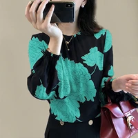 womens spring autumn style chiffon blouses shirt womens printed o neck lantern sleeve korean loose tops dd9066
