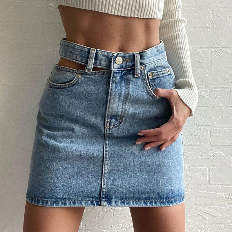 

Women Hollow Out Jeans Skirts Sheath Zip Button Blue Denim Skirt Summer Clothing Female Sweetwear High Wait A-line Mini Skirts