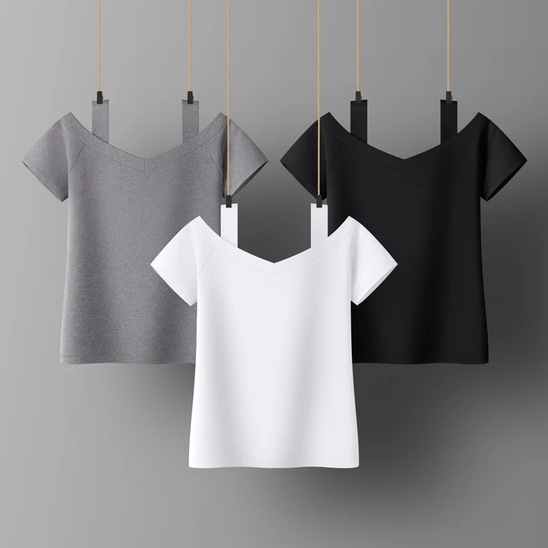 

Cotton Women T-shirt Square collar Short Sleeve women shirt All match Lady Top Black White Gray Yellow Shir
