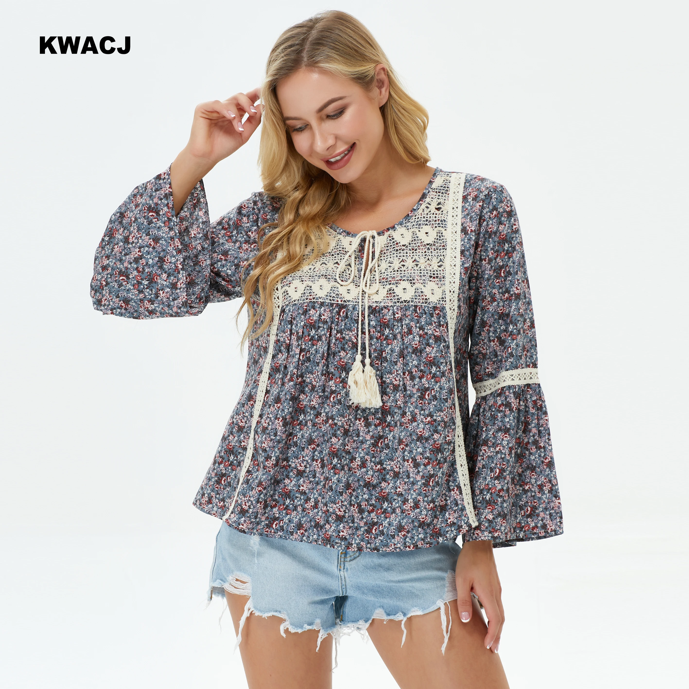 KWACJ Floral Print Women Blouse Flare Long Sleeve Lace Decoration Tassel Bow Ladies Vintage Tops Casual Boho Clothing | Женская одежда