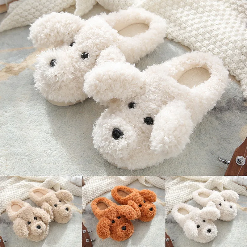 

3D Teddy Dog Women Plush Slippers Winter Warm Soft Sole Shoes Men Couples Home Ladies Indoor Bedroom Slip On Fur Slides