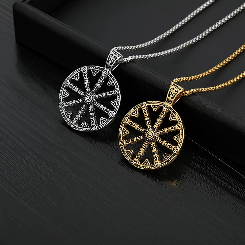 

Amsara Buddhist Necklaces For Men Gold Chain Sliver Color Stainless Steel Talisman Pendant Necklace Wheel hip hop jewelry Gifts