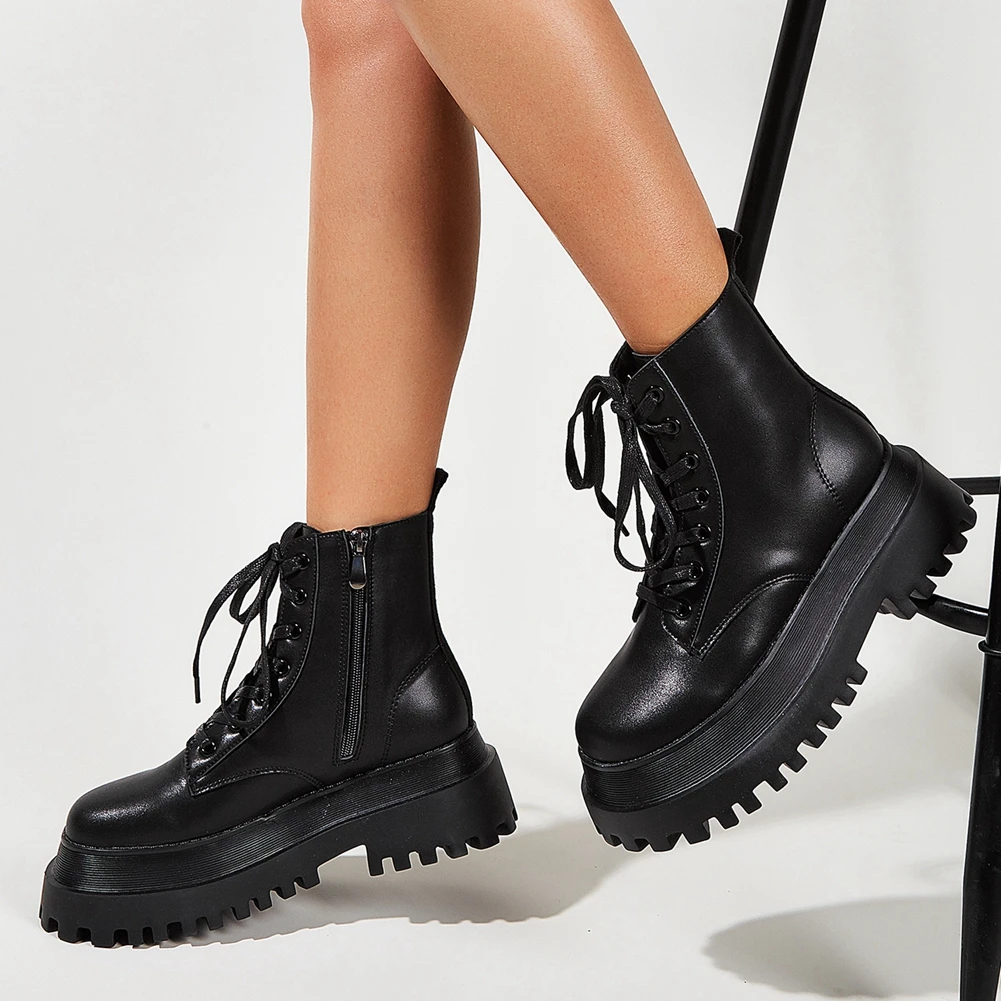 

Karinluna High Quality Shoes Woman Round Toe Leisure Cross-tied Zip Platform Square Thick Heels Autumn Ankle Boots