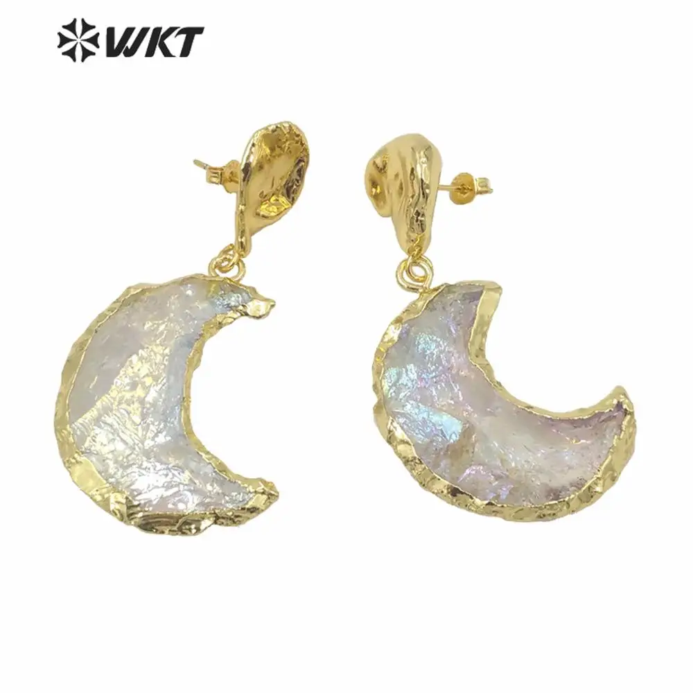 Pendientes de cristal de cuarzo para mujer, aretes de gota de cuarzo en bruto, transparentes, con forma de estrella y Luna, chapados en oro, a la moda, WT-E633