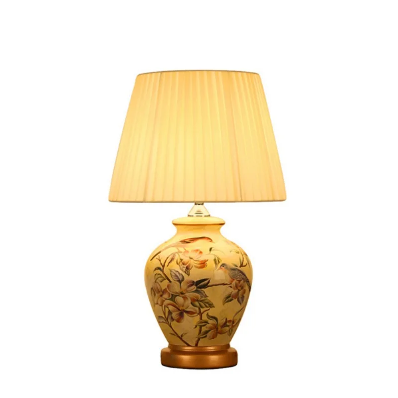 Китайские керамические настольные лампы с цветами и птицами. Ретро-стиль, желтый корпус, диммерный выключатель и тканевая лампа E27 для спальни, прихожей и студии. Модель MF028.