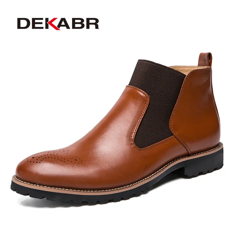 DEKABR/сезон осень-зима; ботильоны челси из натуральной кожи; Мужская обувь с мехом; теплые винтажные классические мужские повседневные ботинки в байкерском стиле - Color: Brown
