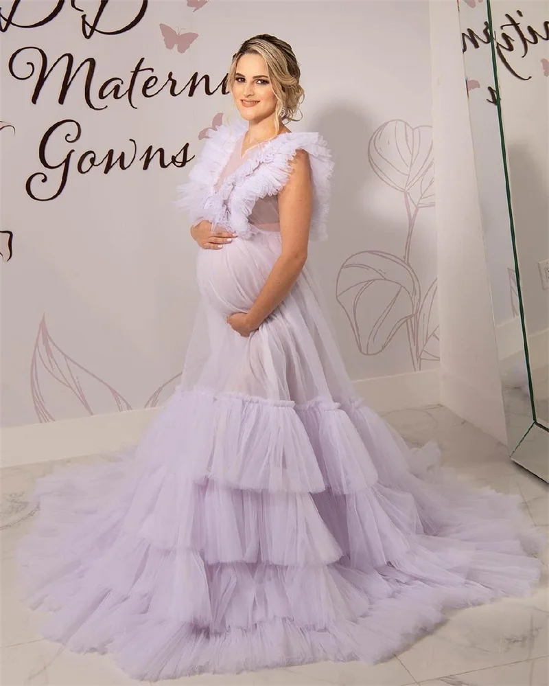 

Light Purple Maternity Gowns Tiered Tulle A Line Maternity Evening Dresses For Photo Shoot Custom Made Bathrobe Nightwear