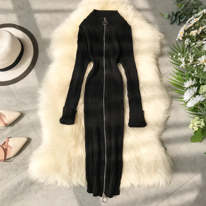 Осень зима 2019 новинка цельный на молнии тонкий талии с разрезом трикотажный низ