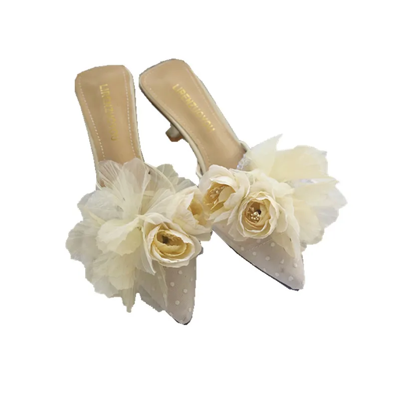 

Palace style French elegant pointed slippers Baotou sandals mid-heel women's shoes 2021 summer Hepburn style pastoral