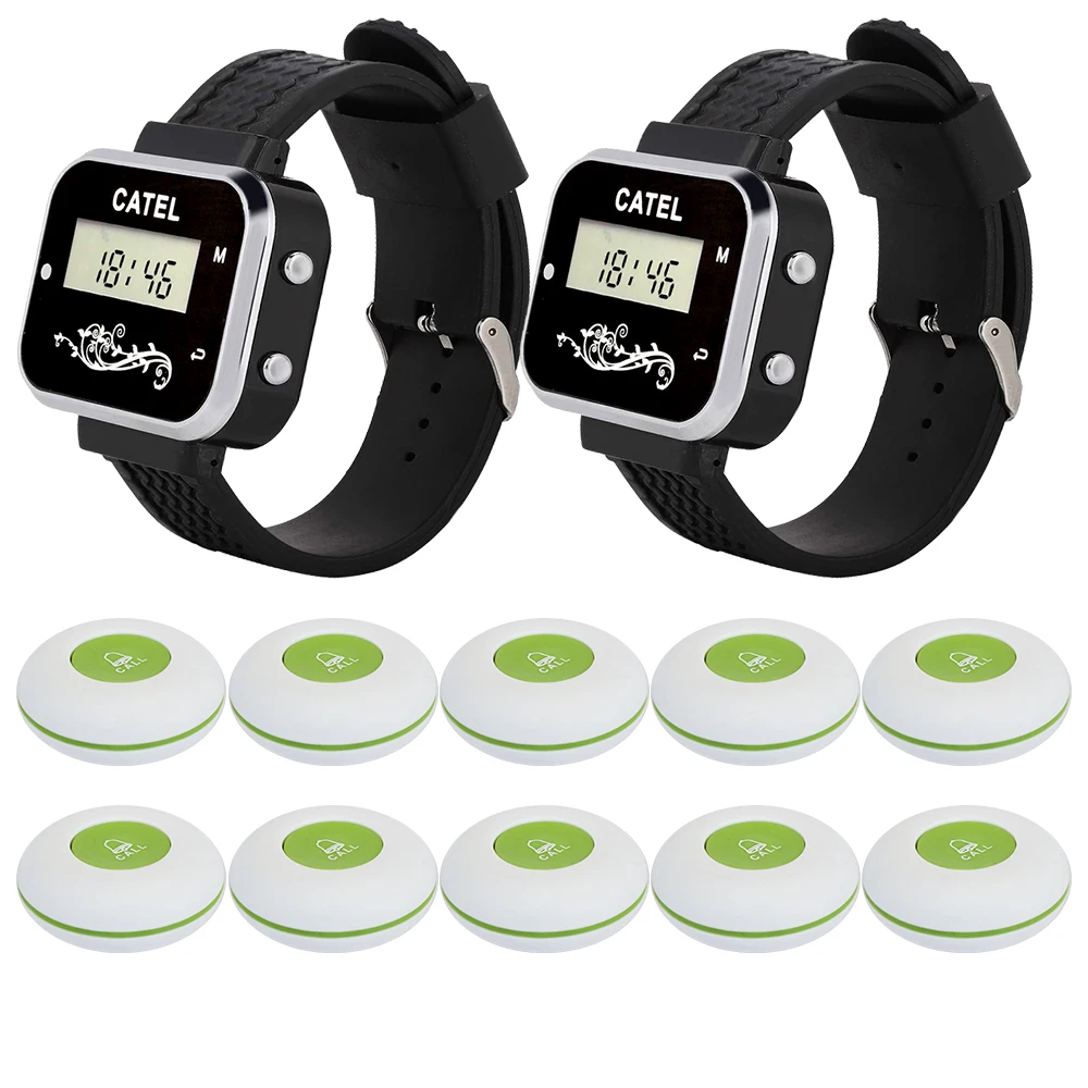 CATEL Waterproof Wireless Calling System10 Call Button Transmitter 2 Watch Pager Receiver Restaurant Waiter Service Bell Buzzer