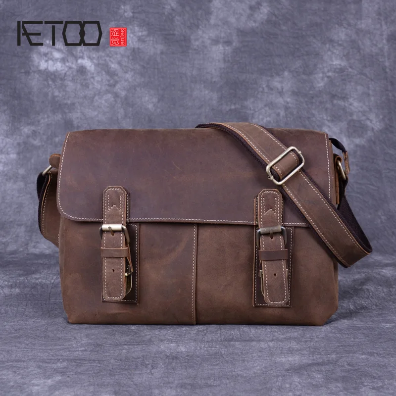 

AETOO Mad Horse leather men's shoulder bag, men's leather slant bag, casual leather vintage business briefcase, file postman bag