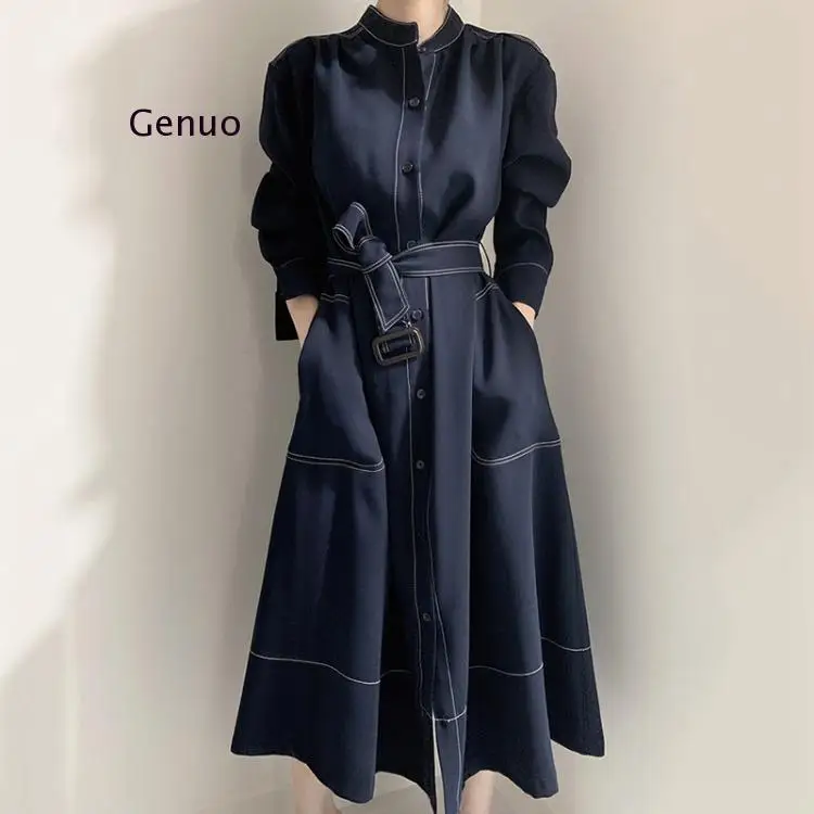 

Vintage Elegant Women Maxi Bodycon Dress Fashion Office Lady Solid a Line Trench Dresses Chic Korean Vestidos Autumn