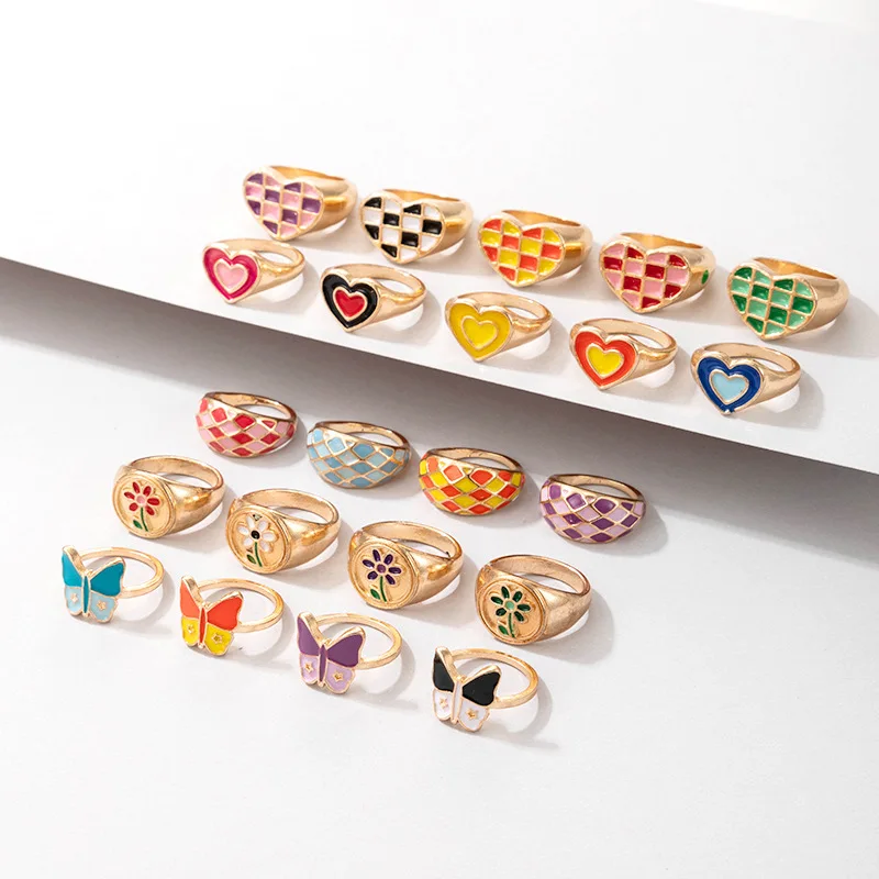 

New Arrival Alloy Rings Womens Colorful Oil Drip Grid Fashion Heart Tai Chi Gossip Moon Stars Rings Jewelry For Girls Party