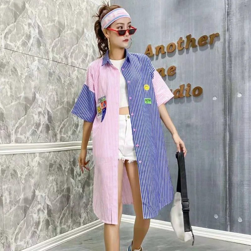 

Women Striped Blouse 2021 Summer Women Patchwork Color Blouse Female Personality Fork Blouse Z646