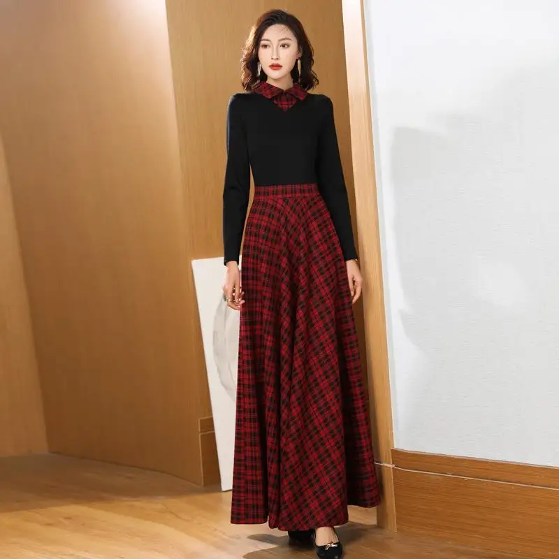 

Женское длинное платье, элегантное красное клетчатое простое винтажное праздничное платье во французском стиле с отложным воротником и дл...