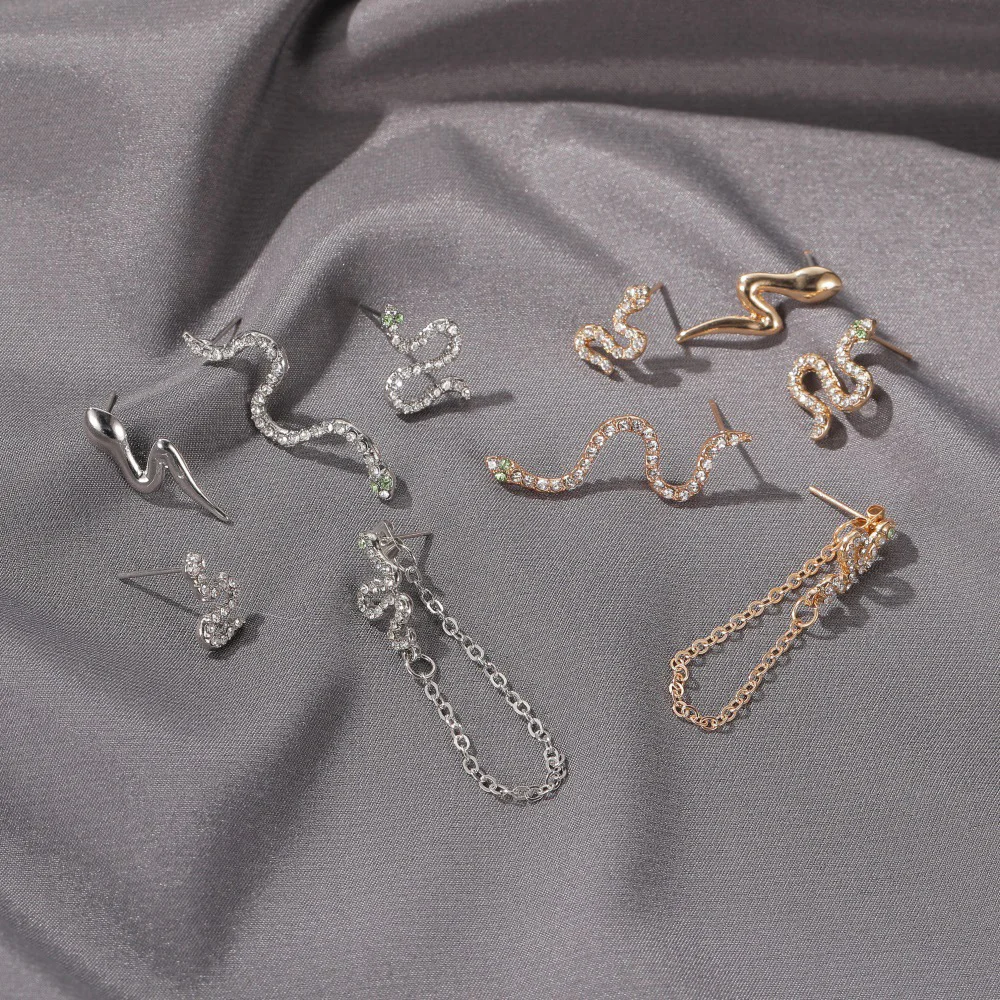 

2021 five-piece Stud earrings Snake Shape Zircon Gold Color Fashion Jewelry