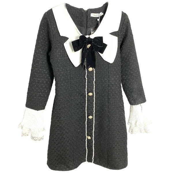 

Spring 2021 French Retro Fragrance Contrast Color Bowknot Tweed Dress Double Lace Flared Sleeves Single Breasted Dresses