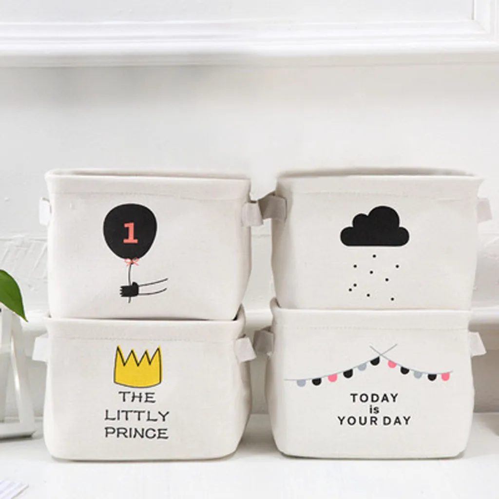 

Desktop Cotton Linen Storage Basket Sundries Organizer Cartoon Cosmetic Toy Storage Bag Storage Box Cloth Small Organize