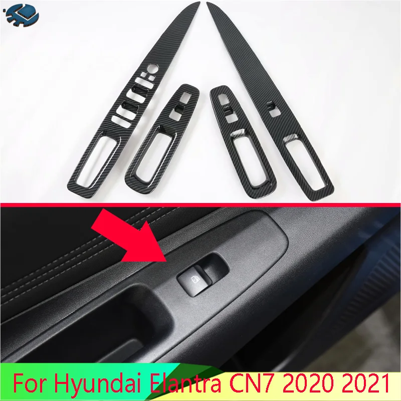 

Для Hyundai Elantra CN7 2020 2021 автомобильные аксессуары из углеродного волокна стиль двери окна подлокотник крышка переключателя панель отделка мол...