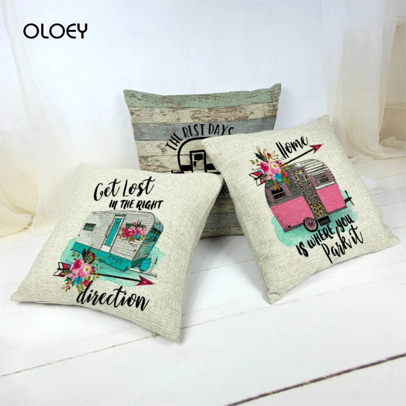 

Happy Camper Adventure Waiting Travel Car Pillowcase Hawaiian Linen Pillowcase Home Bedroom Hotel Car Decoration Pillowcase ..