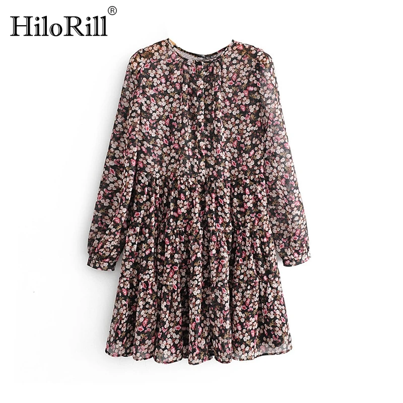 HiloRill Boho плиссированное платье с цветочным принтом и длинным рукавом женское мини