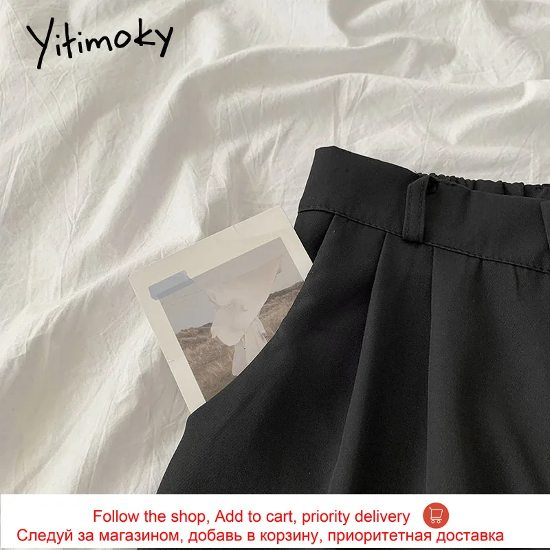 

Yitimoky Womens Pants Elastic High Waist Plus Size Wide Leg Pants Solid Black Button Pockets Casual Summer 2021 New Korean Style