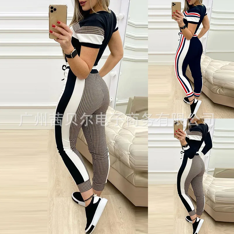 

Women Casual Two Piece Suit Black Plaid Stitching Slim Lacing Sheath Sports Clothes Short Sleeve Fashion Summer Feminino 2021