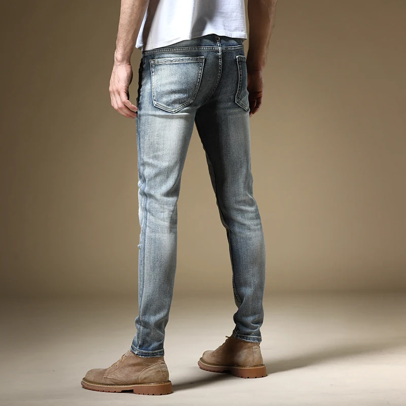 

Light Blue Stretch Men Ripped Jeans Embroidery Straight Pants Hip Hop Streetwear Cotton Slim Fit Denim Trousers