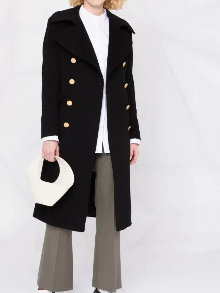 

Fall Winter New Coats 2021 Classic Black Big Lapel Wool Overcoat Elegant Double Breasted Back Sashes Pleated Straight Outerwear